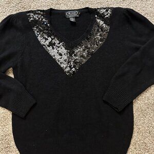 Vintage Black Angora Blend Sweater Sequin KARAMIZ L very BEVERLY GOLDBERG 80s